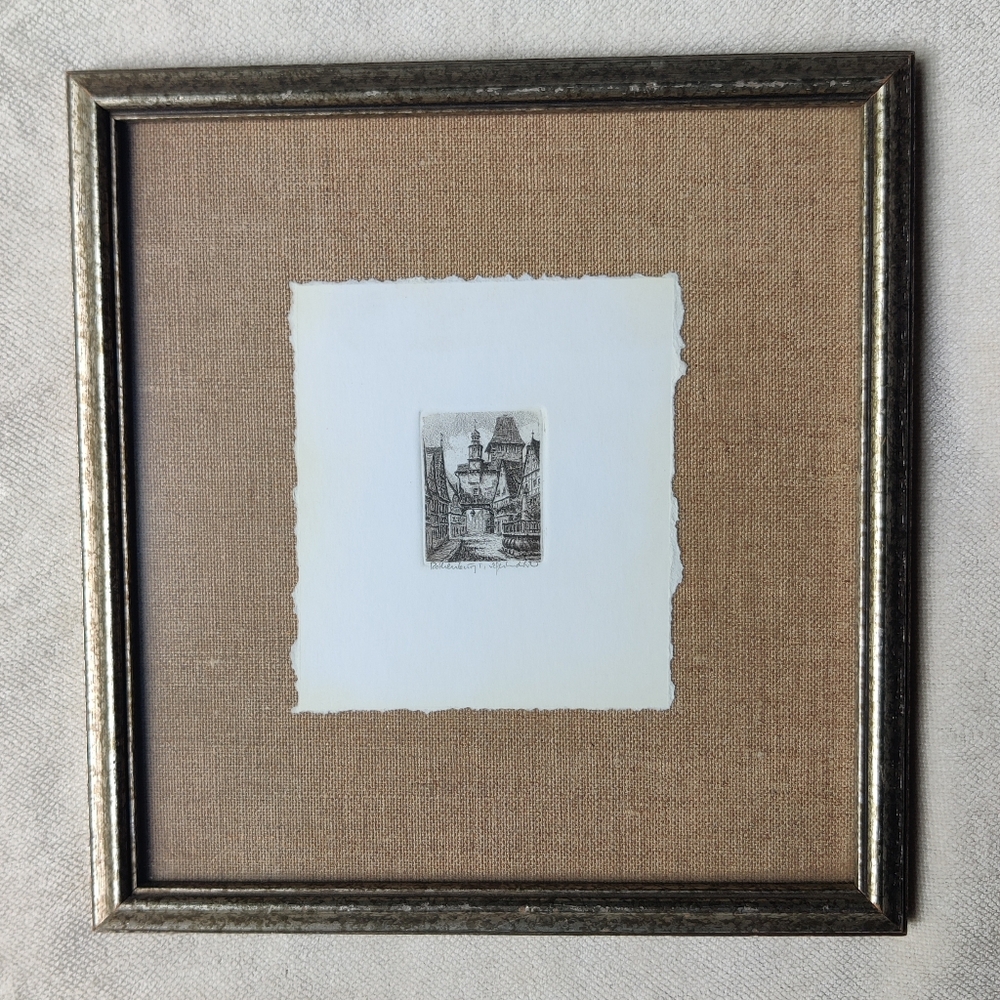 Rothenburg Miniature Etching Geissendorfer Signed 1.5x2" Framed 10.5x10" Linen